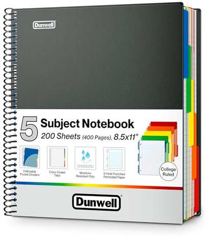 Dunwell 5-Subject Notebook 8.5x11, College Ruled, 200 Sheets, Black