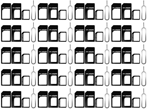 Lot de 20 adaptateurs de carte SIM, 4 en 1 Nano Micro Standard, kit convertisseur avec plateau SIM en acier, broche d'éjection 1, noir