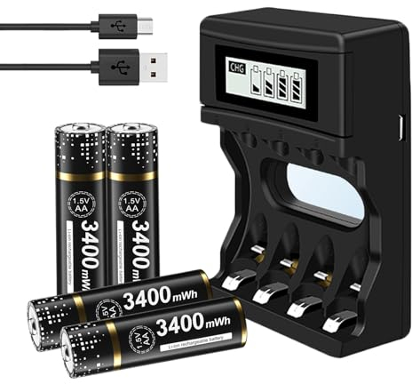 Palogreen Lot de 4 Piles Rechargeables au Lithium AAA avec 4 Piles AAA AAA 1,5 V 900 mWh avec 4 Piles Rechargeables pour Batteries Li-ION AA AAA et Micro USB