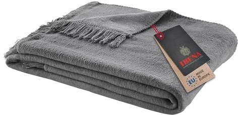 Ibena Braga Fransendecke 150x200 cm - Baumwollmix weich, warm & waschbar, Kuscheldecke mit Fransen hellgrau einfarbig
