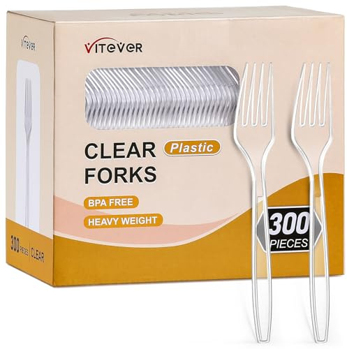 [300 Count] Clear Heavy Duty Plastic Forks, Disposable Plastic Forks, Fancy Plastic Cutlery, Elegant Disposable Forks, Plastic Utensils Set, Clear Forks Set