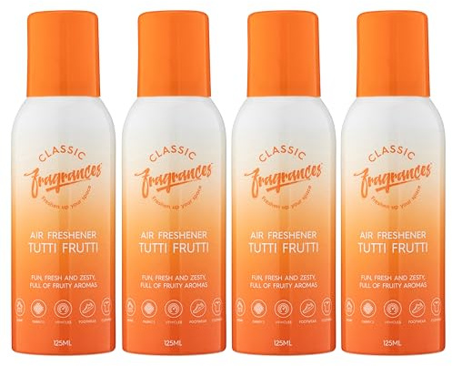 Classic Fragrances 4 Pack Tutti Frutti - Fun, Fresh, Zesty & Fruity Aroma Air Freshener Spray - For Home & Vehicles – Long Lasting Smell, Portable Spray Can – Deodorise & Neutralise Odours – 125ml