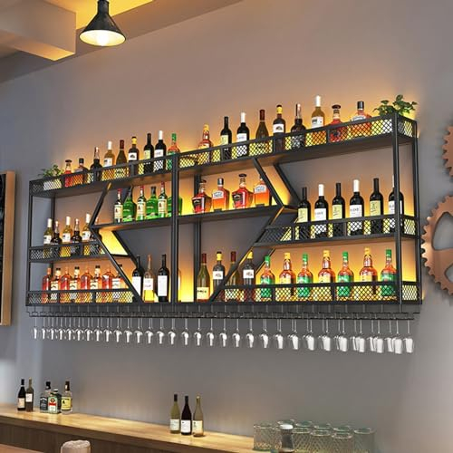 Porta bottiglie di vino da parete con supporto in vetro, ripiani di ferro con luce a LED, Angolo Bar Mensole da Muro mobile porta bottiglie per vino per bottiglie di liquori, per la cucina del bar per