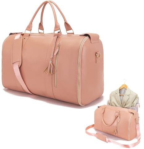 Borsa Porta Abiti Da Viaggio, Borsa Porta Abiti Grande in Pelle PU, Valigia Appesa 3 in 1 Borse Da Viaggio Weekender, Borse Porta Abiti Impermeabili Da Viaggio Con Tasca per Scarpe Incorporata, Rosa