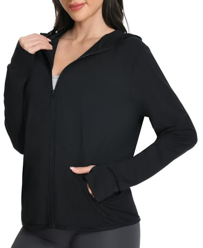 QXURkut Giacca Sportiva Donna con Cappuccio, Protezione Solare UPF50+, Manica Lunga Felpa Leggera Zip Sun Hoodie con Tasche per Running Corsa Trekking (Nero, XL)