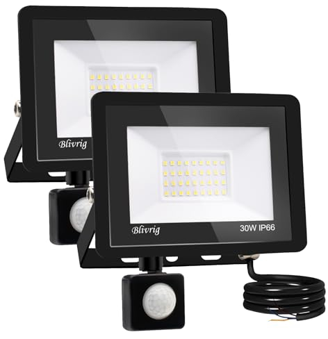 Blivrig 2PCS LED Strahler mit Bewegungsmelder Außen 30W Warmweiss, Fluter mit Bewegungssensor, Superhell 3000LM Aussenstrahler, IP66 Wasserdicht Scheinwerfer, für Garten, Garage
