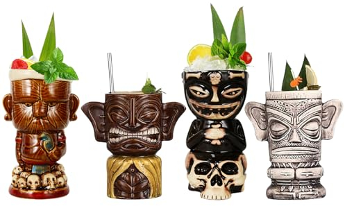Vinbcorw Tiki-Becher-Set,4 /8Stück Tiki-Gläser für Cocktails tropischen Keramikbechern Hawaii Tiki Party Kreative Cocktail Glas Bar Drinkware Premium Tropical Exotic Barware,A