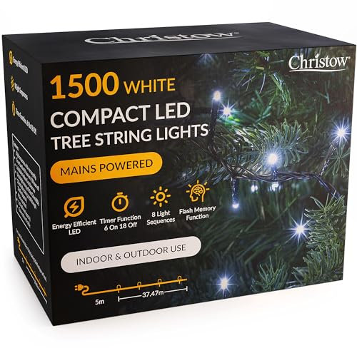 CHRISTOW Christmas Tree Lights, Compact White LED Fairy String Lights with Timer, 8 Light Modes, Indoor & Outdoor, Mains Operated, Green Cable (1500 LED / 34.47m Lit Length for 8ft Xmas Tree)