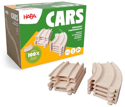 HABA Cars Ergänzungsset – 8 Schienen aus recyceltem Holz und Kunststoff – Extragroße, einfach zu verbindende Elemente – Für Kinder ab 2 Jahren – 2011844001