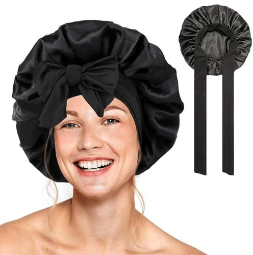 Barlone Seidenhaube zum Schlafen Lange Haare, Bonnet Seide, Silk Bonnet Weiche und Bequeme, Hair Bonnet, Schlafhaube Seide für Verstellbares Breites Band zur Befestigung am Kopf(Schwarz)