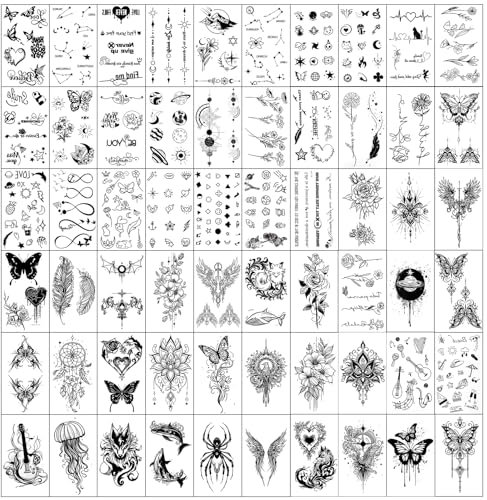Temporäre Tattoo für Gesicht Körper, Temporäre Tattoos Erwachsene, 120 Blatt Schwarz Klebetattoos, Wasserdichte Temporäre Tattoos mit Blumen