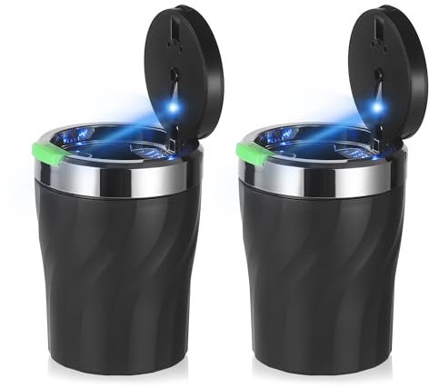JIZZU Cenicero Coche, 2Pcs Gran Capacidad Cenicero Absorbe Humo con Inserto Metálico y Luz LED Totalmente Automática, Resistente a Altas Temperaturas, Extraíble Ceniceri con Tapa para Coche, Camping