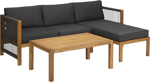 acamp Lounge Set 3-teilig | Gartenmöbel aus FSC®-zertifiziertem Akazienholz | Teaköl-Finish | Kissen mit 10/8 cm Füllung | Tisch 100x60x40 cm | Bank & Ottomane | Teakfarben, Schwarz, Dunkelgrau