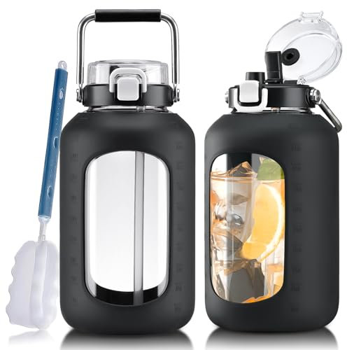 WINSA Large Glass Water Bottles with Stainless Steel Handle,100 oz Gallon Drinking Bottle with 2-in-1 Straw Lid,3 Liter Glass Water Jug with Silicone Sleeve,Wide Mouth,Black