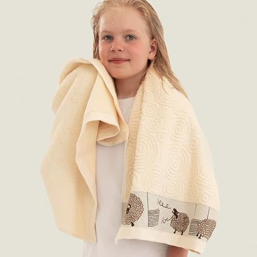 ZWOLTEX - Kinder Handtuch 70x130 cm, Badetuch aus 100% Ägyptische Baumwolle, Kinderhandtuch Oeko-TEX Standard, Weich und saugfähig duschtuch, Viele Farben und Motive - Sheeps/Ecru