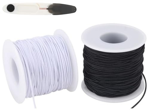 2 Rolls Elastic Cord for Bracelet Making, 1mm x 100m Rubber Thread Black and White Bead Thread, Includes Scissors for DIY Jewellery Crafts, Elastic String for Jewellery Design