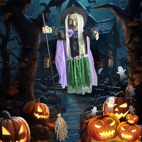 Bajbumgn Halloween Hexe Fliegende Auf Besen, 170 cm Animatronic Flying Witch Mit Leuchtenden Augen Und Horror Sound, Witches Requisiten für Cosplay-Party, Spukhaus, Haus, Halloween-Party