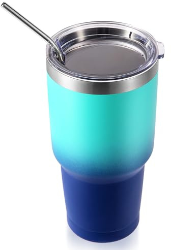 Volhoply 900ml 30oz Insulated Tumbler with Lid and Straw, Double Wall Inner & Outer 304 Stainless Steel Coffee Cup, Travel Mug Reusable Thermal Cup for Cold & Hot Drinks (Green Blue,1 Pack)