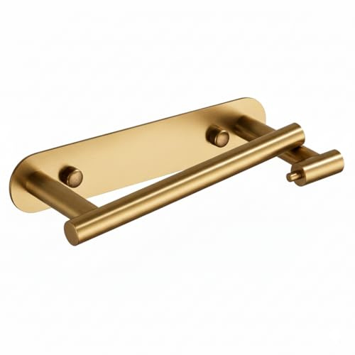 YUET Toilet Roll Holder, Adhesive or Wall Mounted Options, Stainless Steel Rustproof Stick on no Drilling Double Post Pivoting Gold Toilet Paper Holder Wall Mount for Bathroom