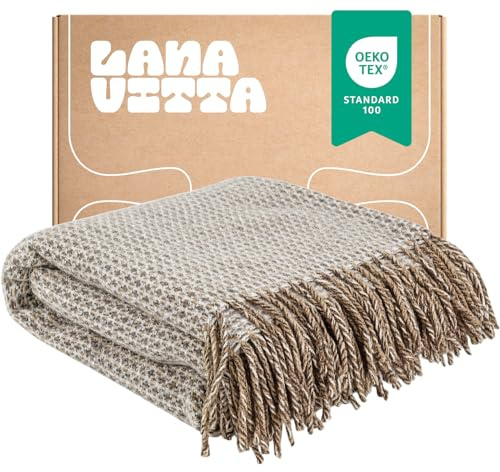 Lanavitta – Halbwolldecke „Milena“ – Warme Sofadecke & Plaid – Kuschelige Tagesdecke, Couchdecke & Bettüberwurf aus 20% Wolle & 80% Polyester – Hellbeige – 140x200 cm