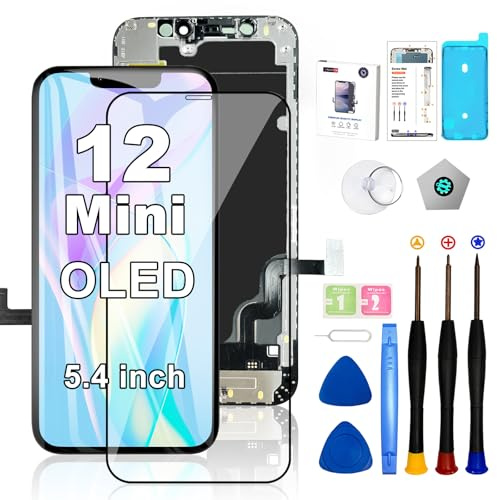 EFAITHFIX Ersatzbildschirm für iPhone 12 Mini OLED [kein LCD] 5,4 Zoll Display 3D Touchscreen FHD Digitizer Assembly (A2176 A2398 A2399 A2400) mit Reparaturwerkzeugen, wasserdichte selbstklebende