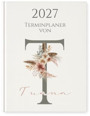 Personaliserter Buchkalender 2027 Din A5 | Hardcover Terminplaner mit Name | Wochenplaner & Jahresplaner | 320 Seiten | Weißes Cover mit Blindprägung - Manufaktur Liebevoll (Grauer Buchstabe)