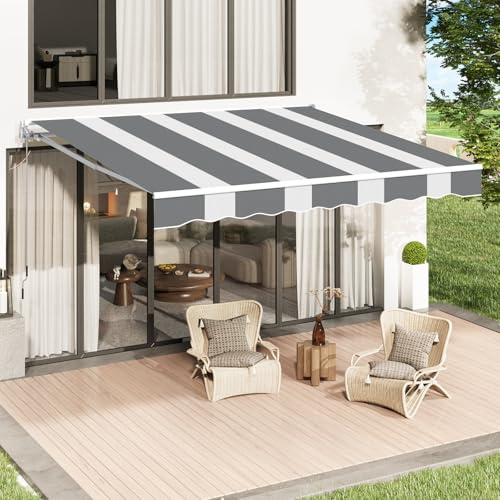 YODOLLA 4x2.5m Retractable Manual Awning, Garden Sun Shade DIY Folding Awning with Hand Crank Patio Canopy, Anti-UV and Waterproof for Courtyard, Balcony, Restaurant, Grey-White