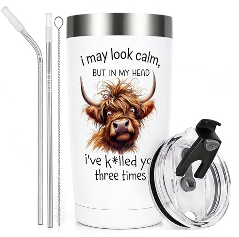 Highland Cow Gifts for Women & Men, 20oz Bottle Travel Mug, Funny Unusual Cow Coffee Cup with Quote, Car Cup Holder Friendly, Insulated Thermal Stainless Steel Tumbler for Home Office Travel