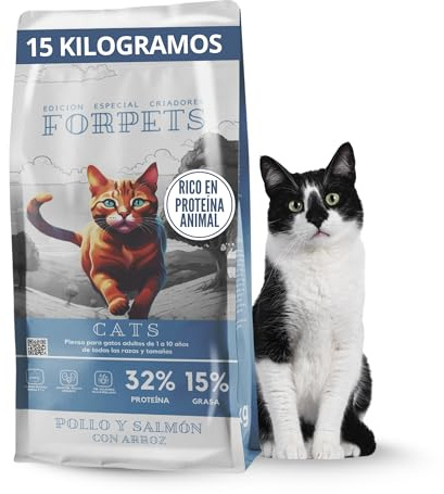FORPETS Pienso para Gatos Adultos con Pollo, Ternera y Salmón, 15kg | Apto para gatos esterilizados · Cuidado urinario · 32% proteína