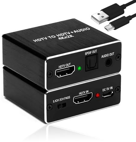 HDMI Audio Converter Extractor,4K x 2K@30Hz HDMI to Optical Audio Splitter Adapter to HDM Optical Digital 5.1CH with 3.5mm Stereo Output Compatible with PS5 PS4 Blu-ray Player Fire TV