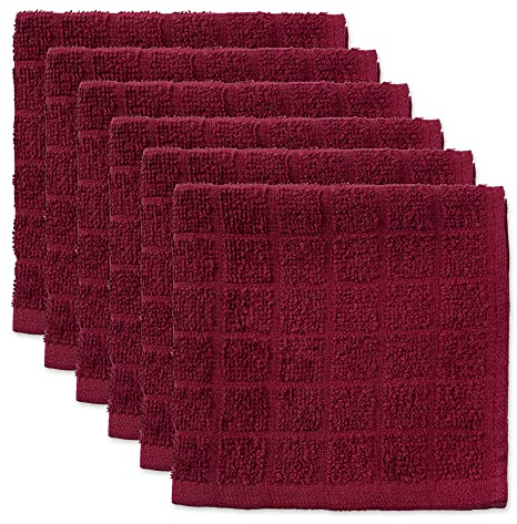 DII Solid Windowpane Dishcloth Set, Cotton, Wine, 12x12
