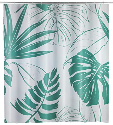 WENKO Rideau de Douche Brasil Vert - Imperméable à l'eau, Entretien Facile, avec 12 Anneaux pour Rideau de Douche, Polyéthylène, 180 x 200 cm, Vert