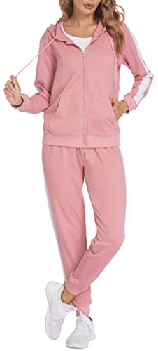 Parabler Damen Sport Anzug Rosa 2 teilig Jogginganzug Set Trainingsanzug Zwieteiler Hausanzug Elegante Sportkleidung Frauen Fitness M