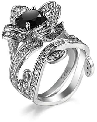Musihy Jahrestag Ringe Weissgold Frauen, Silber Vergoldet Ringe Rose Weiß Vergoldet Ringe Zirkonia Schwarz-Weiss Größe 65 (20.7)