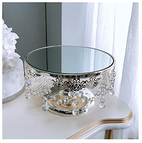 WKXCTS Bandejas Plata Redondo Espejo Bandeja Cristal Borde Placa Magdalena Maquillaje Receptor Palet 10inchhome decoración Pastel Mesa decoración Tray (Color : Silver)