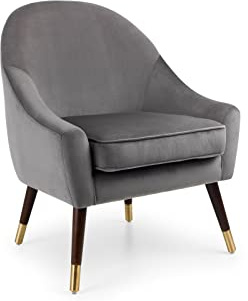 Julian Bowen Elliot Accent Chair, Velvet, Grey - H87 x W75 x D73cm | Armchair for Living Room, Curved Arms and Back, Oak Legs with Gold Effect Tips