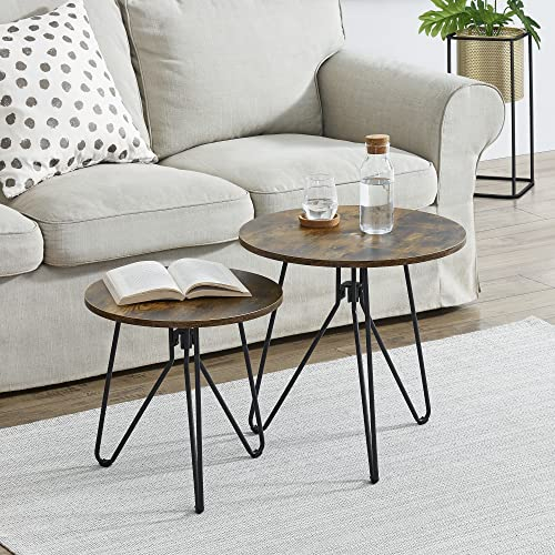 [en.casa] Lot de 2 Tables Basses Rondes Design Ensemble de Meubles de Salon Pieds de Style Épingle à Cheveux Panneau de Particules Mélaminé Acier Laqué Effet Bois Foncé Noir