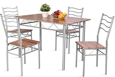 COSTWAY Mesa de Comedor de 5 Piezas, Juego para Cocina de Madera, Mesa Rectangular con 4 Sillas, Muebles de Cocina con Estructura de Metal para el Hogar, Restaurante (Color de Nogal Claro)