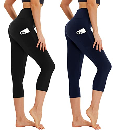 AMIYOYO Capri Leggings Damen mit Taschen 3/4 Sport Leggins High Waist Sporthose Blickdicht Elastisch 7/8 Yoga Hose Fitness Laufen für Outdoor 2er Pack(Schwarz+Dunkelblau,S-M=DE34-40)