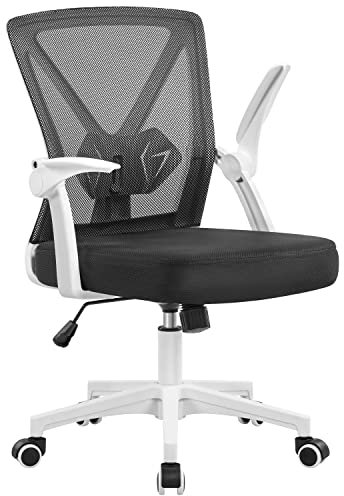 Yaheetech Bürostuhl Schreibtischstuhl mit hochklappbare Armlehnen, Drehstuhl aus Mesh, Office Chair Ergonomic, erstellbaren Lendenwirbelstütze, Wippfunktion, höhenverstellbar Weiß