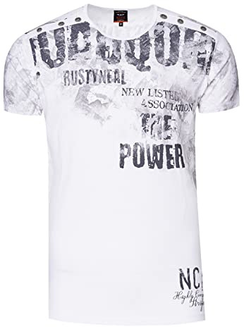 T-Shirt Rundhals Doppelte Knopfleiste mit Großem Front-Print Verwaschen in Used-Look 273