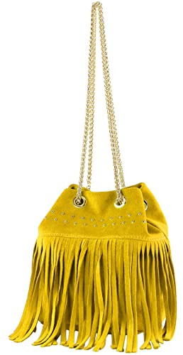modamoda de T244 Damen Wildleder Umhängetasche mit Fransen und Goldkette, handmade in Italy