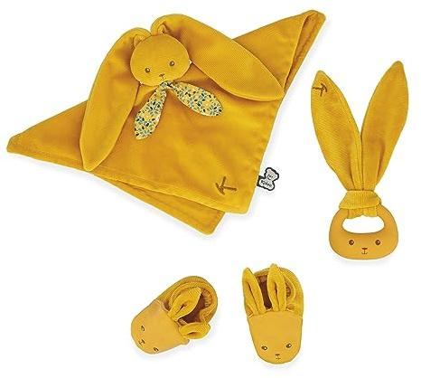 KALOO - Lapinoo - Geburtsset - Ockerfarben - 3 Babyartikel - Schmusetuch + Beißring + Babyschuhe 11 cm - Ab Geburt, K218011