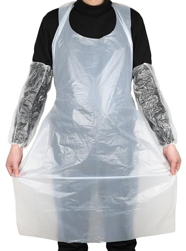 DIYASY Disposable Aprons and Sleeves Set, 100 Pack Waterproof Aprons and 100 Sleeves, White Polythene Aprons & Oversleeves for Cleaning, Cooking, Painting and Daily Use
