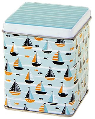 Generic Nautical Tea Caddy - Sailing Boats - Square Airtight Storage Tin - Aqua/Turquoise/White - 100g - 9.5 x 7.5 x 7.5 cm