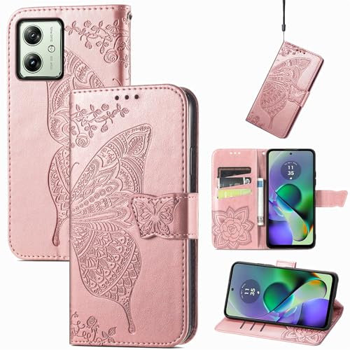 JIUNINE Funda para Motorola Moto G54 5G, Antigolpes Carcasa Libro con Tapa en Cuero Flip Case Cover con Dibujos de Mariposa, Cierre Magnético, Cartera y Soporte para Motorola G54 5G, Oro Rosa