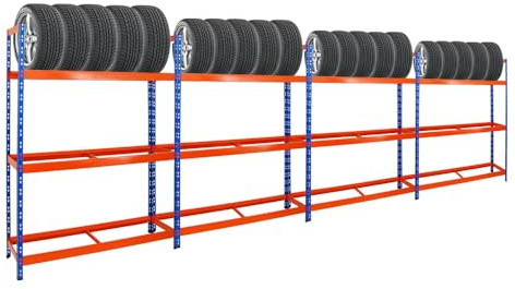 PROREGAL Mega Deal 4X Étagère à pneus Tiger XL | HxLxP 200x150x45cm | Charge Max. 300kg | Jusqu'à 72 pneus | Bleu/Orange | Porte-Pneu, Rack à pneus, rayonnage, Stockage, Rangement, Support, Atelier