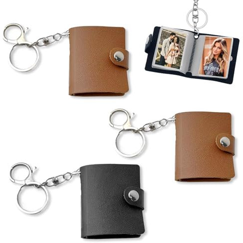 MMDOCO Porte-Clés Photo Personnalisé Mini, Lot de 3 Mini Albums Photo avec Porte-clés, Petit Souvenir Photo en Cuir Personnalisé, pour Famille, Couples, animal de compagnie, Amis (Noir, Marron)