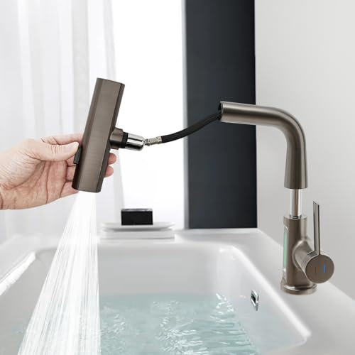 Küchenarmatur, Küchenarmatur mit LED-Temperaturanzeige & flexibel, ausziehbar, drehbarer Wasserhahn zum Spülen von Geschirr, Obst, Gemüse, Kleidung (Gunmetal-Grau)