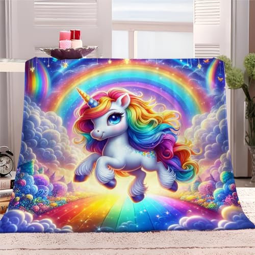 Kuscheldecke Fleecedecke Buntes Einhorn 100x130 cm Flauschig Decke Warme Sofa Decke, Kuschlige Wohndecke Weich Wohnzimmer Couchdecke Sherpa Decke für Winter